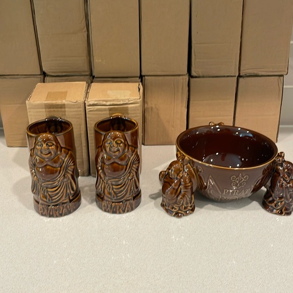 Unique Ceramic PYRAT 3 Buddha Tiki Bowl’s With Mugs! Vintage! New In Box!!!! - Picture 1 of 4